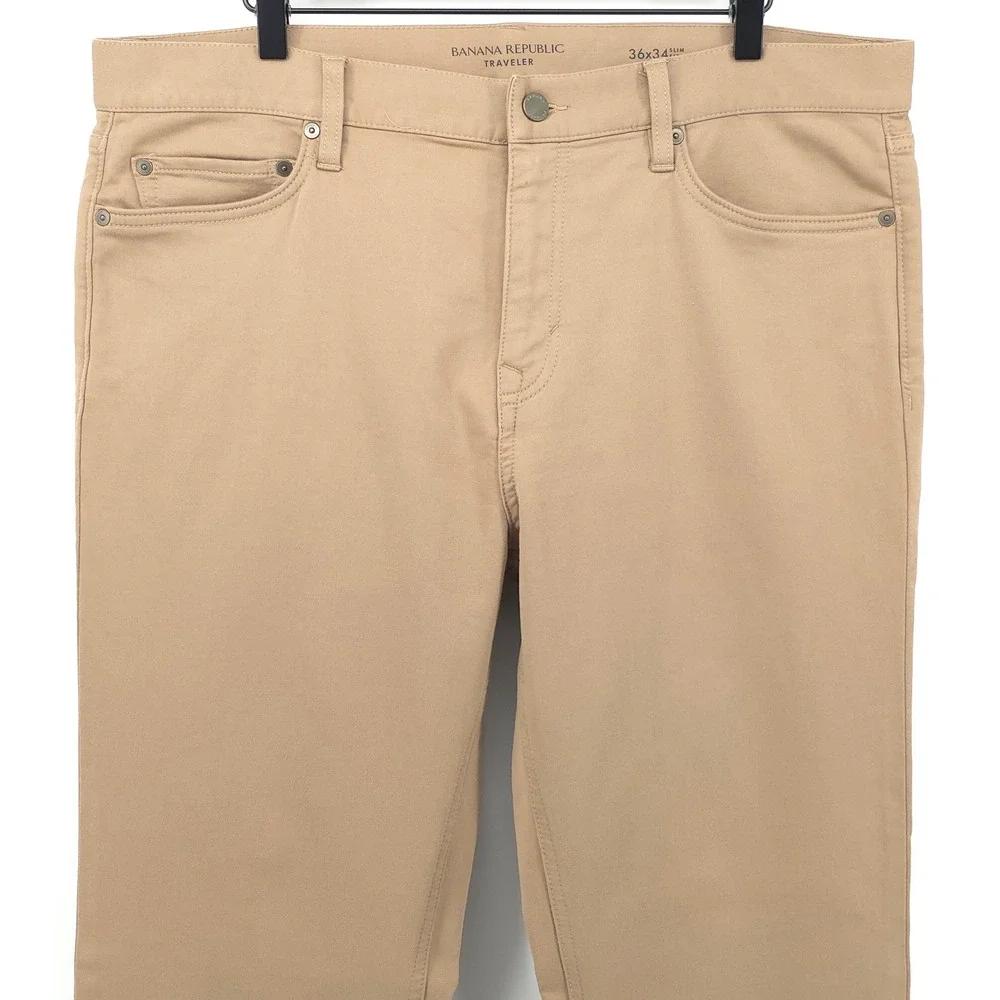 Banana Republic Mens Traveler Pants 36x34 Slim Fit Khaki Tan Chino Stretch